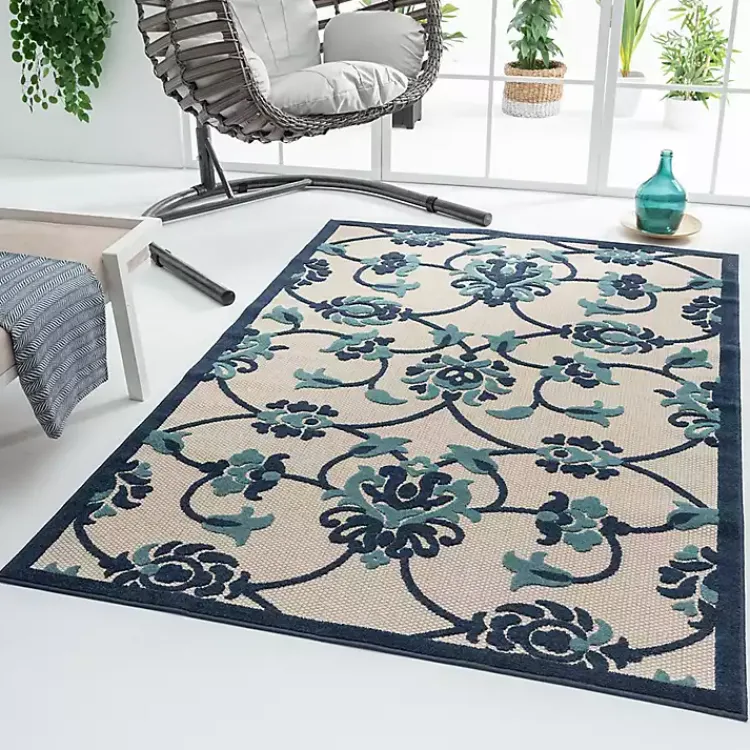 Outdoor Rugs-Kirklands Home Lyla Blue Floral Damask Indoor/Outdoor Rug, 5x8