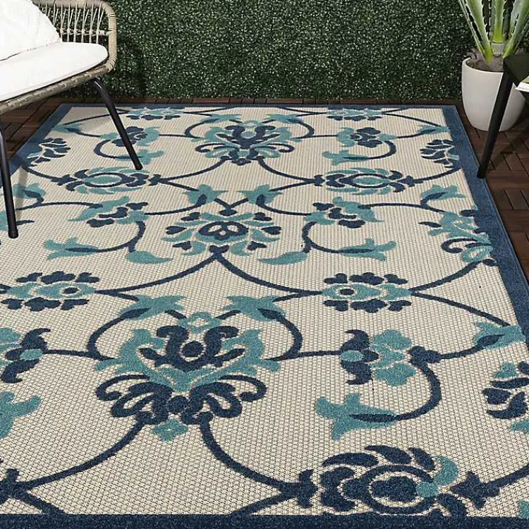 Outdoor Rugs-Kirklands Home Lyla Blue Floral Damask Indoor/Outdoor Rug, 5x8