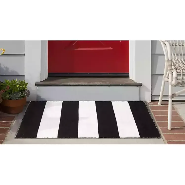 Outdoor Rugs-Kirklands Home Black Cabana Stripe Indoor/Outdoor Scatter Rug