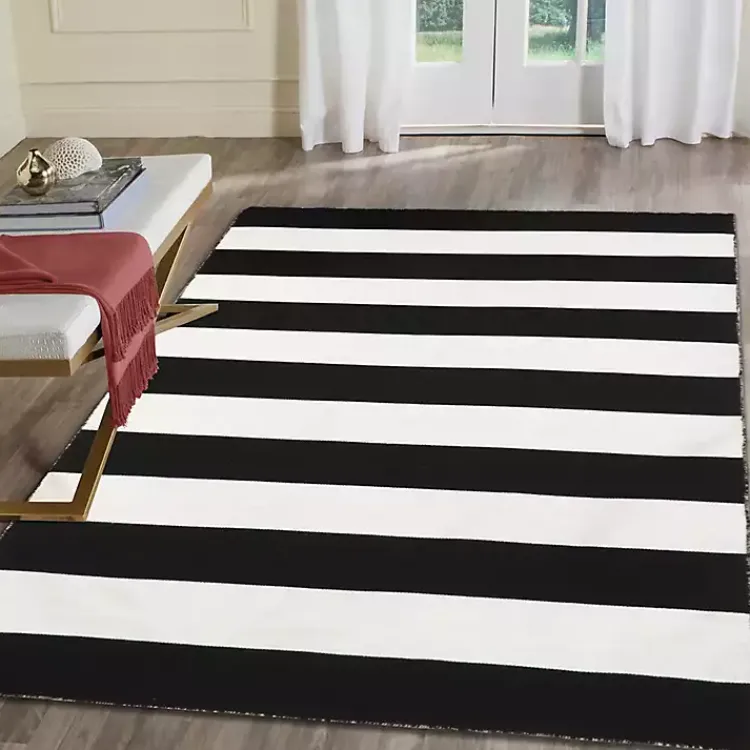 Outdoor Rugs-Kirklands Home Black Cabana Stripe Indoor/Outdoor Area Rug, 5x7