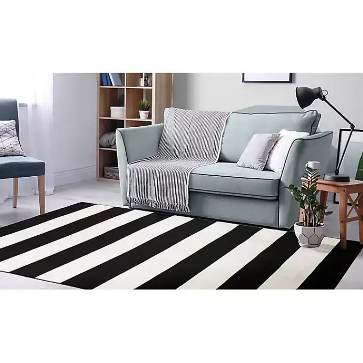 Outdoor Rugs-Kirklands Home Black Cabana Stripe Indoor/Outdoor Area Rug, 5x7