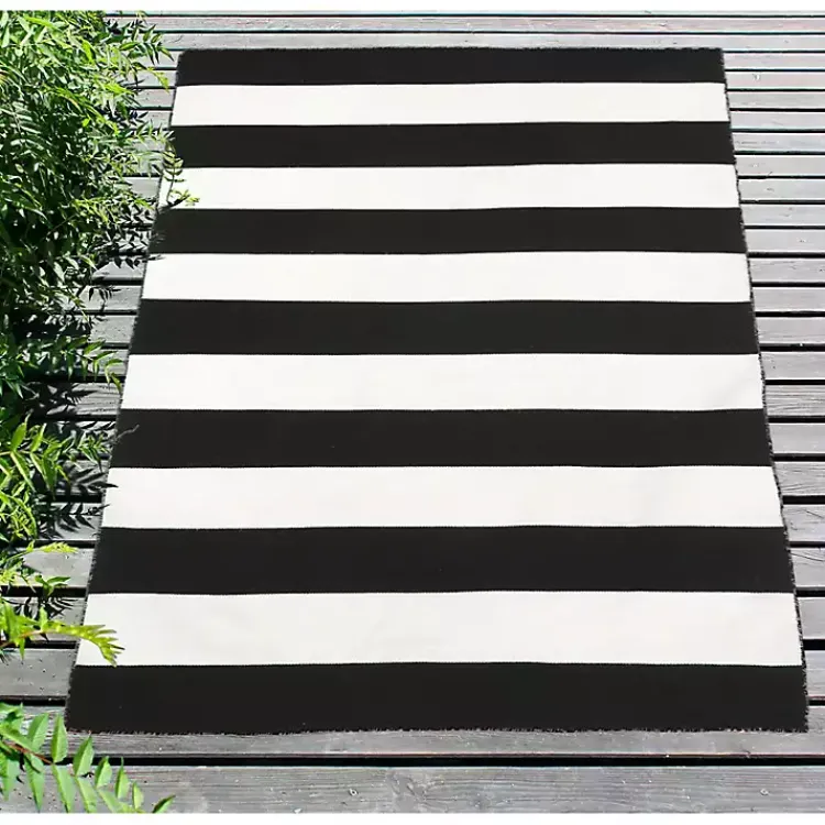 Outdoor Rugs-Kirklands Home Black Cabana Stripe Indoor/Outdoor Area Rug, 5x7