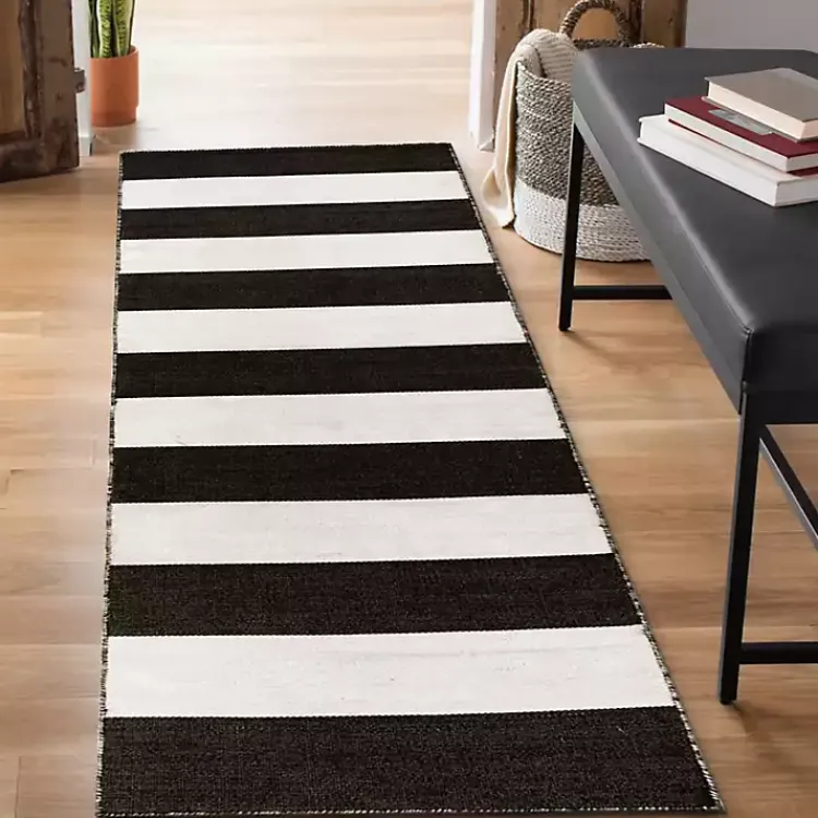 Outdoor Rugs-Kirklands Home Black Cabana Stripe Indoor/Outdoor Runner, 2x8