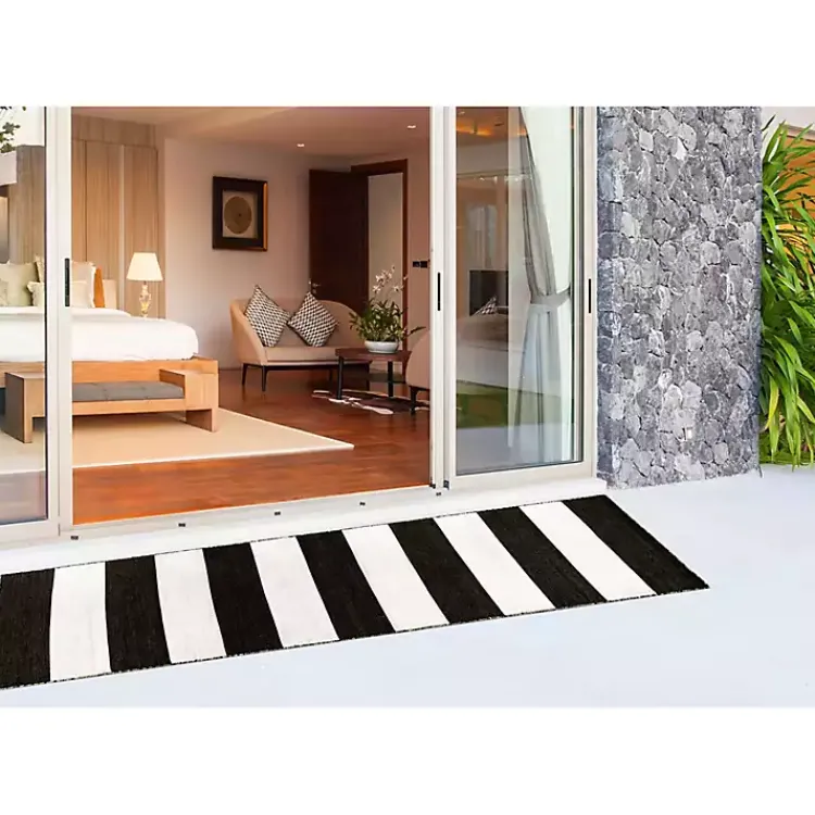 Outdoor Rugs-Kirklands Home Black Cabana Stripe Indoor/Outdoor Runner, 2x8