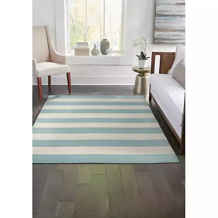 Outdoor Rugs-Kirklands Home Blue Cabana Stripe Indoor/Outdoor Area Rug, 7x9