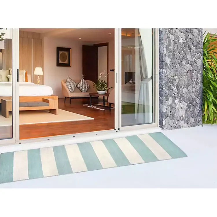 Outdoor Rugs-Kirklands Home Blue Cabana Stripe Indoor/Outdoor Runner, 2x8