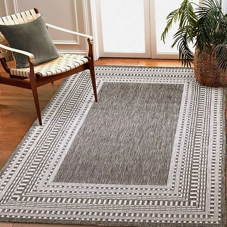 Outdoor Rugs-Kirklands Home Charcoal Linear Macy Indoor/Outdoor Area Rug, 4x7 Black