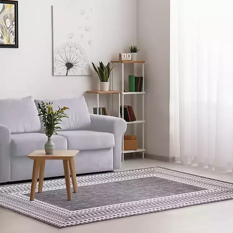 Outdoor Rugs-Kirklands Home Charcoal Linear Macy Indoor/Outdoor Area Rug, 6x9 Black