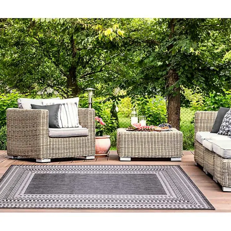 Outdoor Rugs-Kirklands Home Charcoal Linear Macy Indoor/Outdoor Area Rug, 7x9 Black