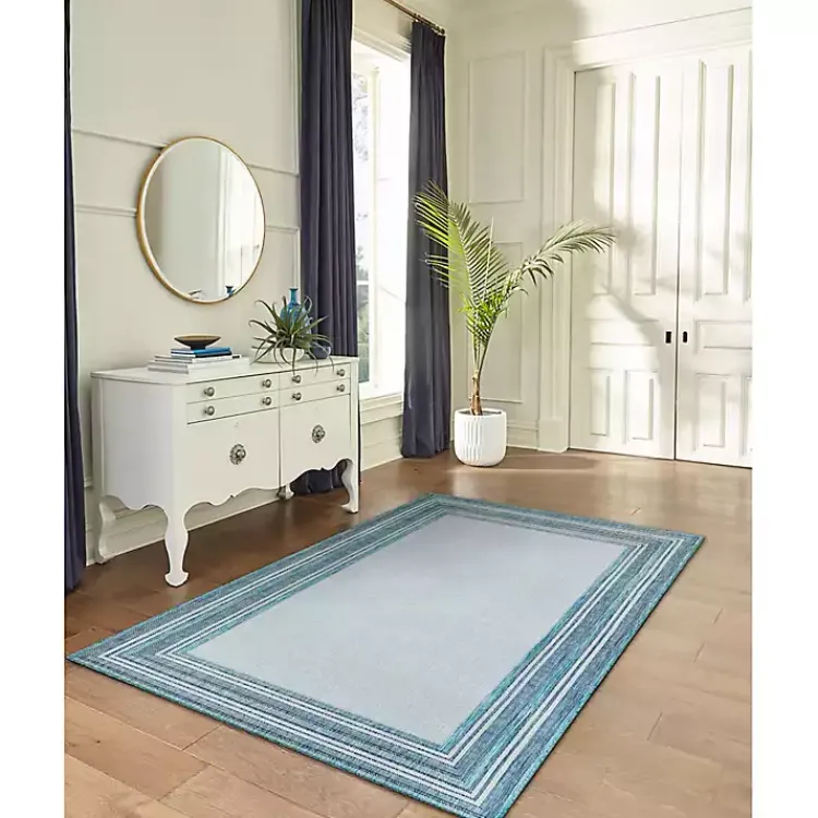 Outdoor Rugs-Kirklands Home Seaglass Lined Frame Outdoor Area Rug, 6x9 Blue