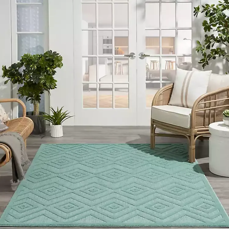 Outdoor Rugs-Kirklands Home Aqua Teal Diamond Indoor/Outdoor Area Rug, 5x7 Blue