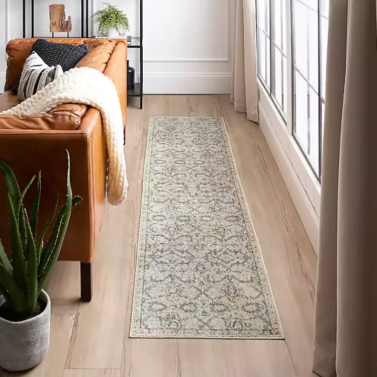 Area Rugs-Kirklands Home Cream Granary Floral Runner, 2x10 Ivory