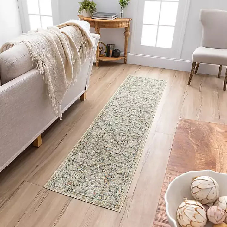 Area Rugs-Kirklands Home Cream Granary Floral Runner, 2x10 Ivory