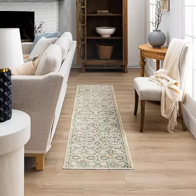 Area Rugs-Kirklands Home Cream Granary Floral Runner, 2x10 Ivory