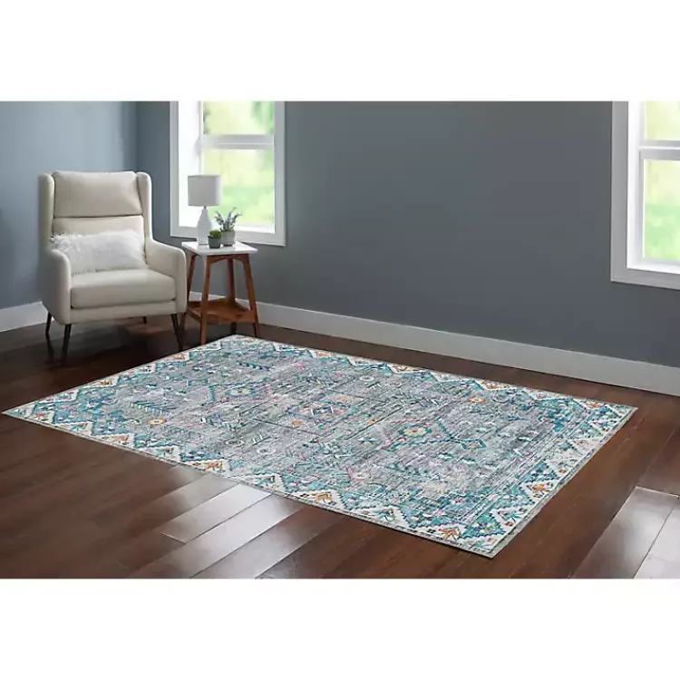 Area Rugs-Kirklands Home Gray and Blue Barron Washable Area Rug, 5x7