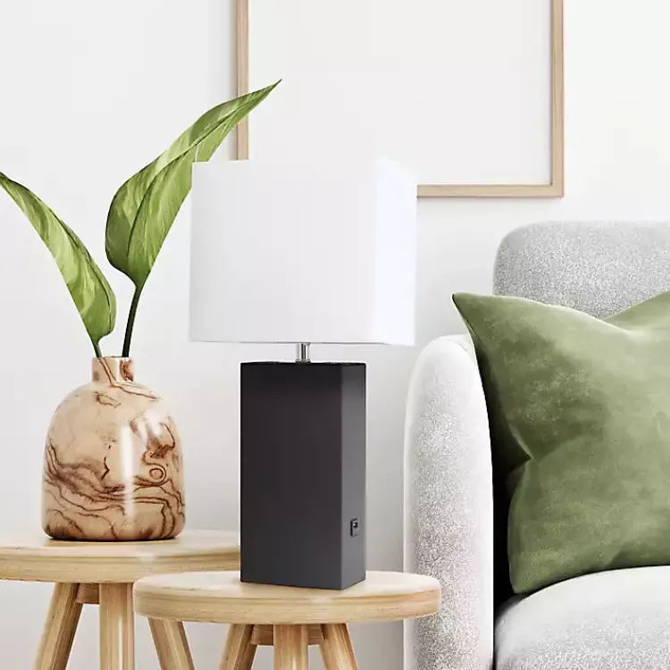 Table Lamps-Kirklands Home Faux Leather Charging Table Lamp Black
