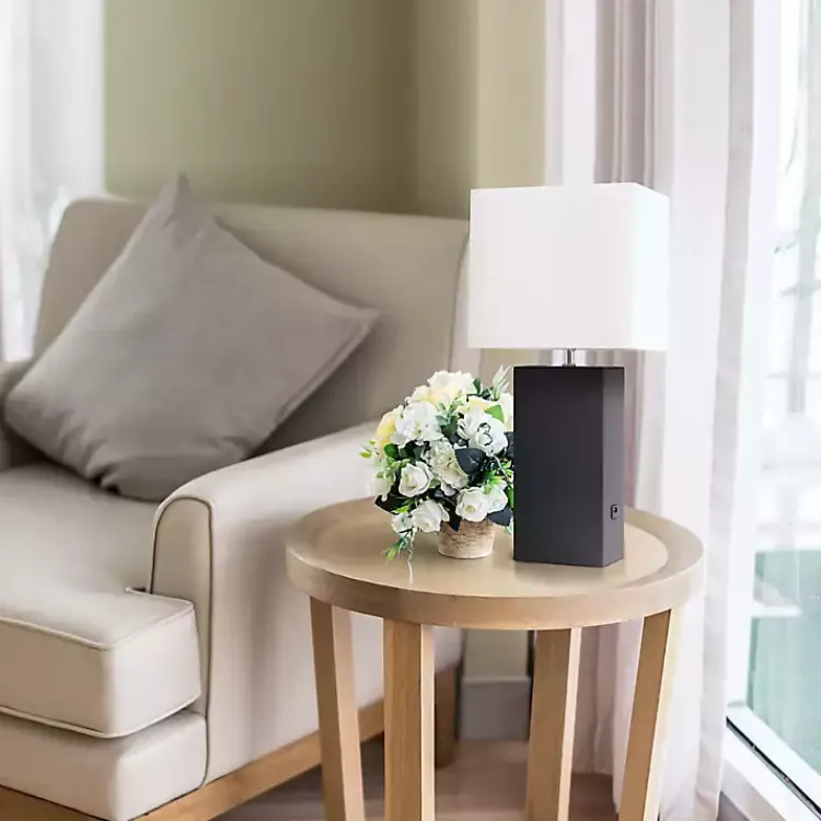 Table Lamps-Kirklands Home Faux Leather Charging Table Lamp Black