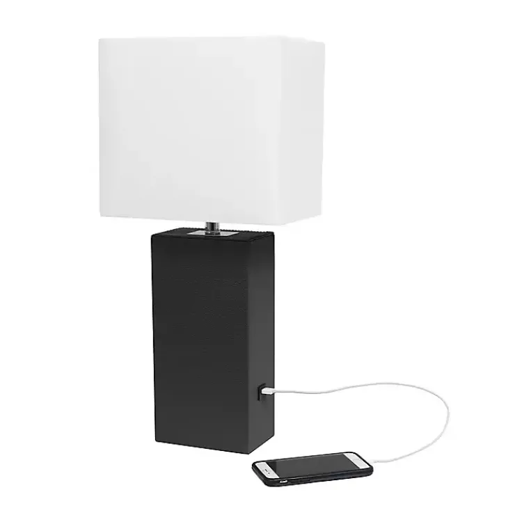 Table Lamps-Kirklands Home Faux Leather Charging Table Lamp Black