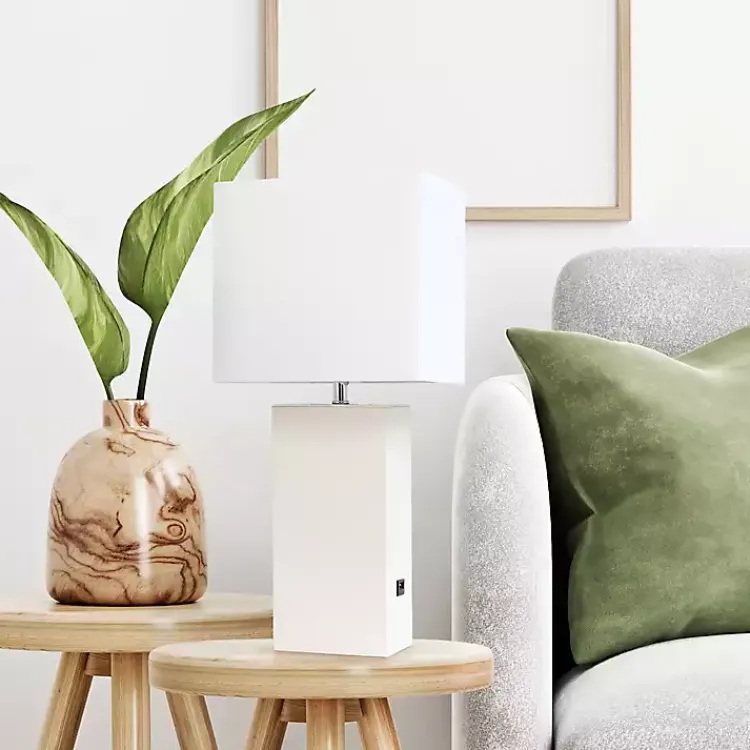 Table Lamps-Kirklands Home Faux Leather Charging Table Lamp White