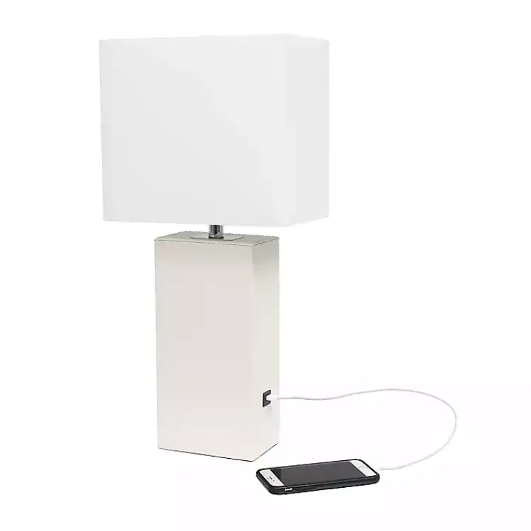 Table Lamps-Kirklands Home Faux Leather Charging Table Lamp White