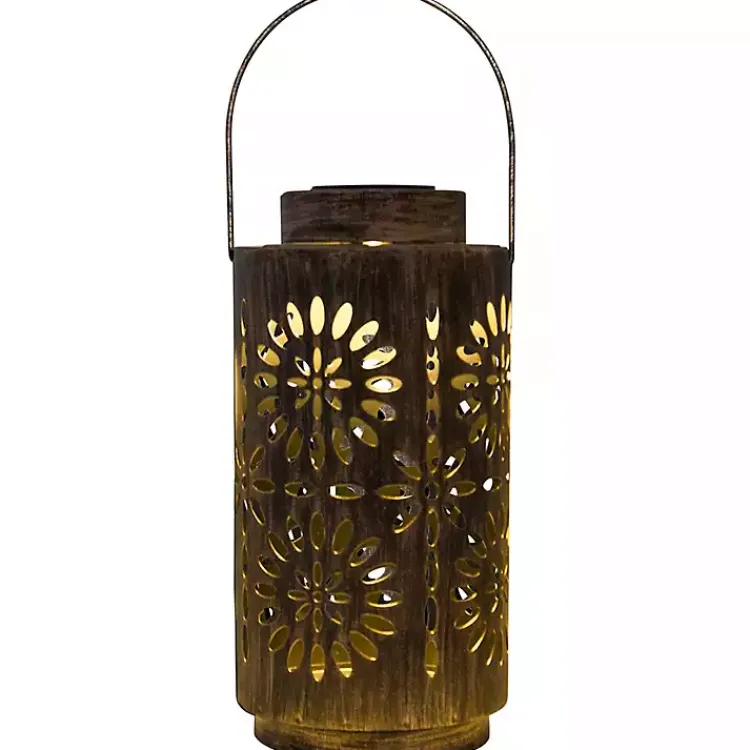 Outdoor Lighting-Kirklands Home Brass Metal Flower Cutout Solar Lantern Brown