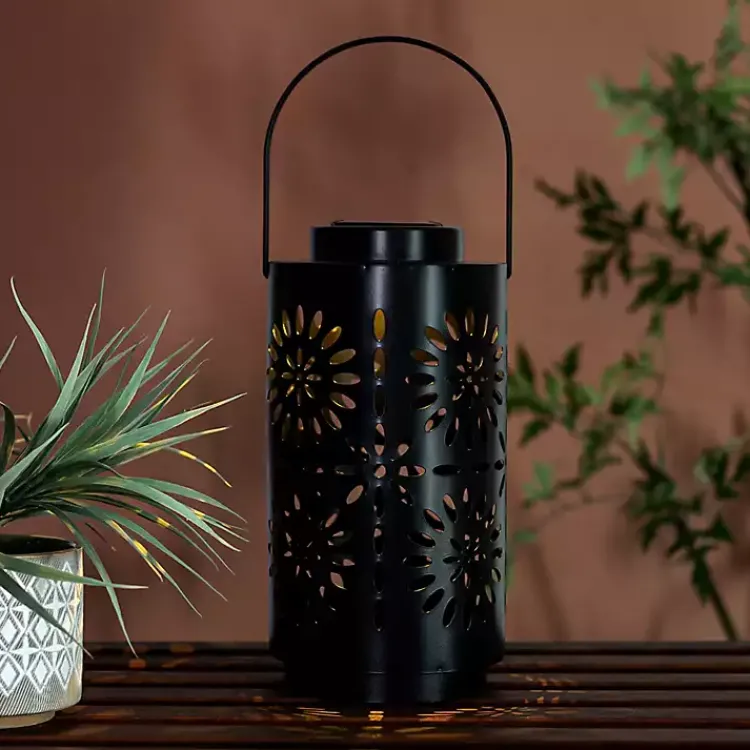 Outdoor Lighting-Kirklands Home Brass Metal Flower Cutout Solar Lantern Brown