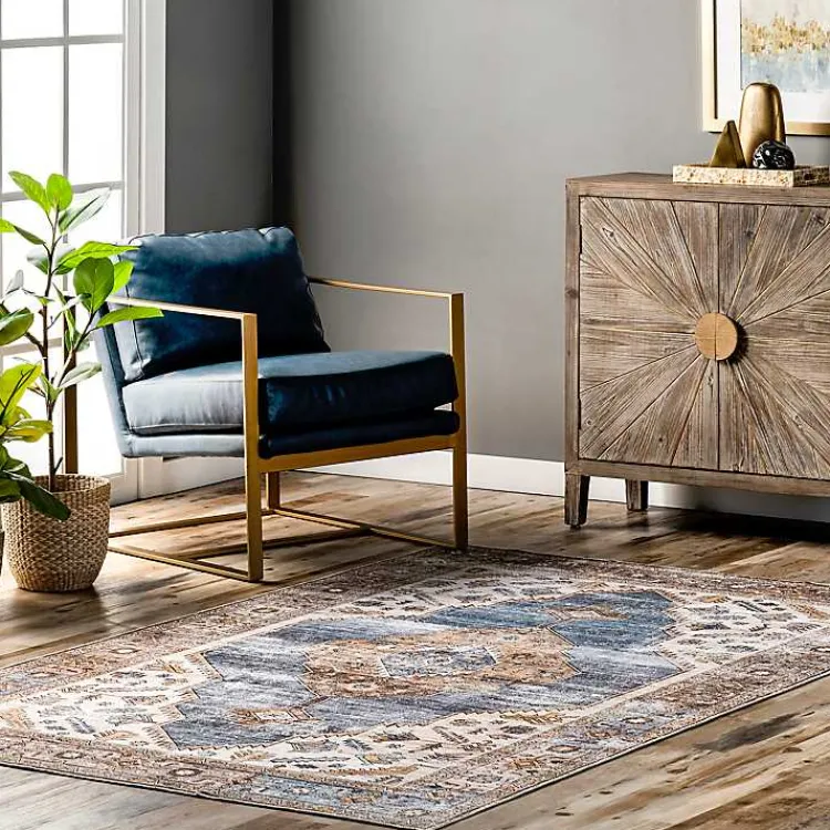 Area Rugs-Kirklands Home Blue Distressed Medallion Washable Area Rug, 5x8