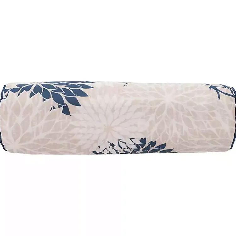 Outdoor Cushions & Pillows-Kirklands Home Navy and Beige Floral Outdoor Bolster Pillow Blue