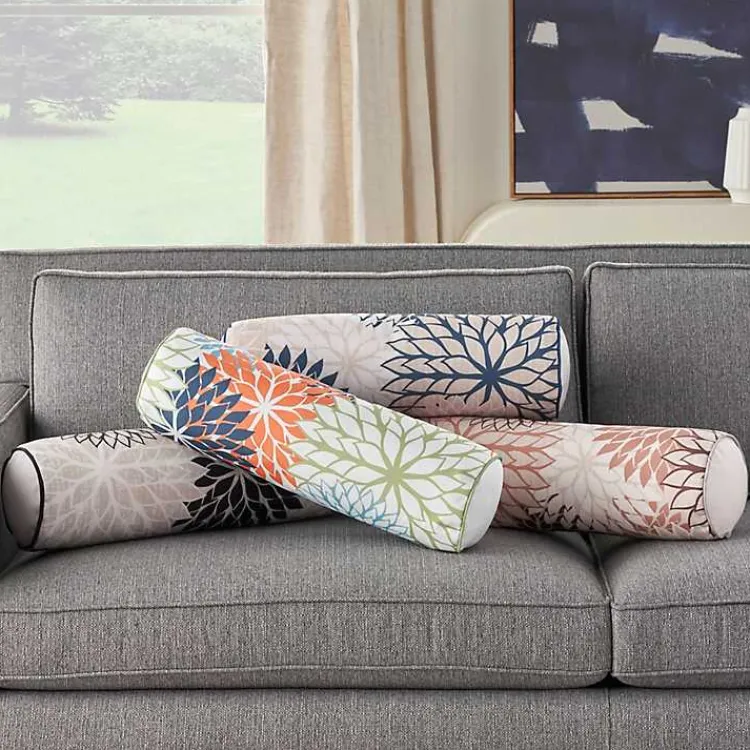 Outdoor Cushions & Pillows-Kirklands Home Navy and Beige Floral Outdoor Bolster Pillow Blue