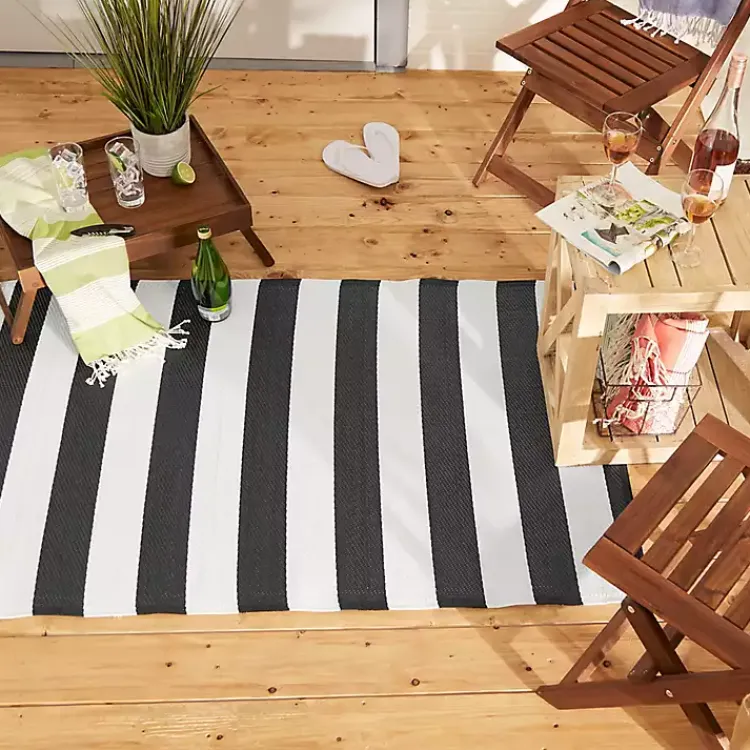 Outdoor Rugs-Kirklands Home Black and White Rugby Stripe Outdoor Area Rug, 5x8