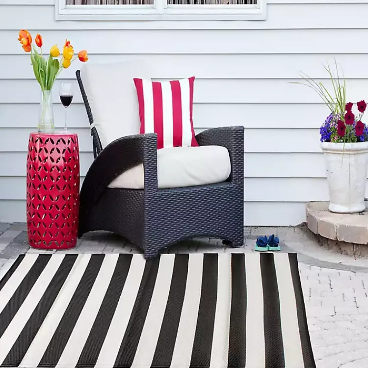 Outdoor Rugs-Kirklands Home Black and White Rugby Stripe Outdoor Area Rug, 5x8