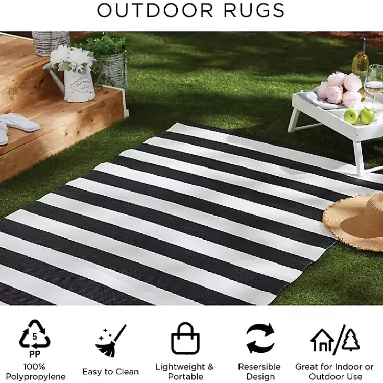 Outdoor Rugs-Kirklands Home Black and White Rugby Stripe Outdoor Area Rug, 5x8