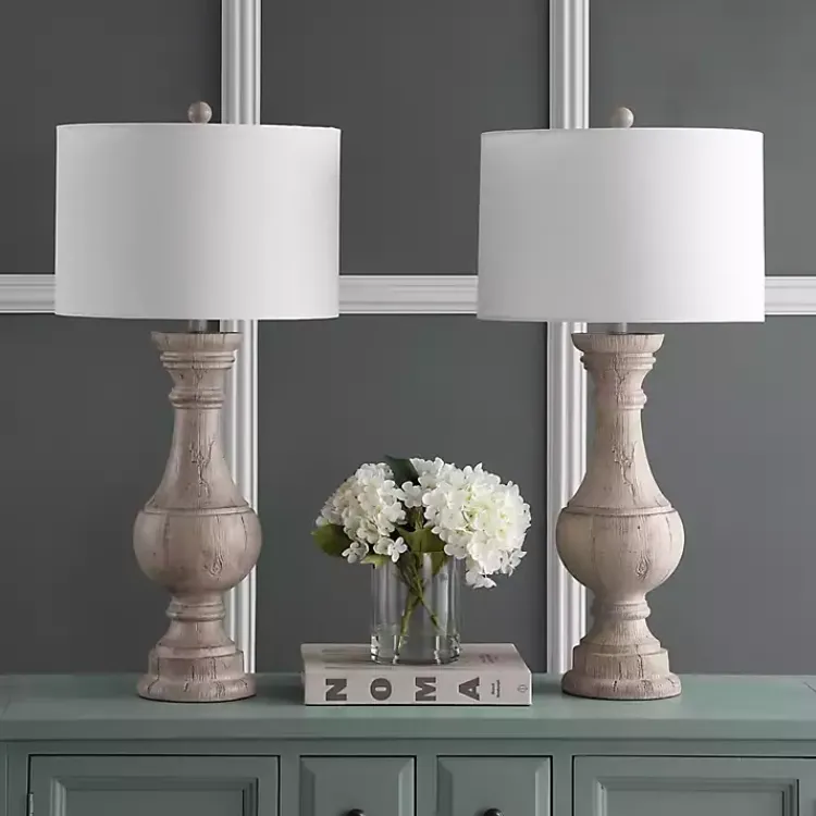 Table Lamps-Kirklands Home Distressed Ivory Faux Wood Table Lamps, Set of 2 White