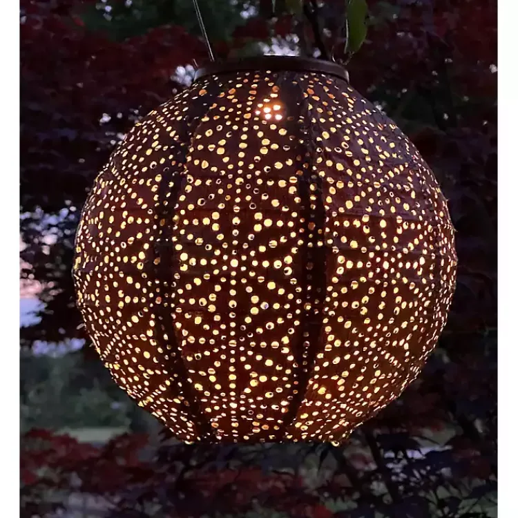Outdoor Lighting-Kirklands Home Copper Sashiko Round Hanging LED Outdoor Lantern Brown