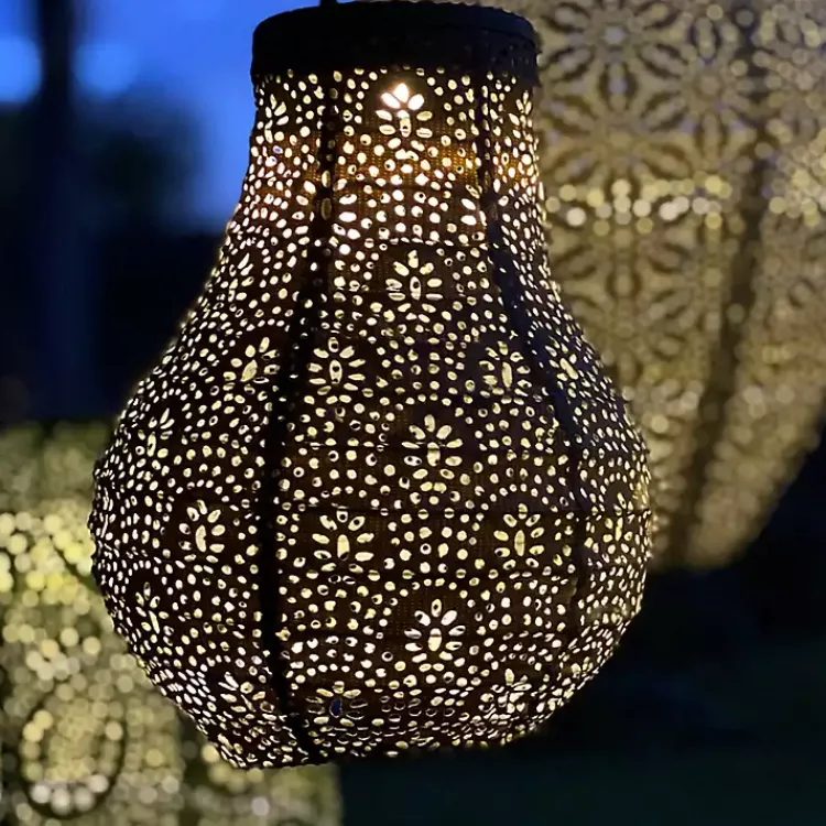 Outdoor Lighting-Kirklands Home Taupe Fan Bulb Hanging LED Outdoor Lantern Tan