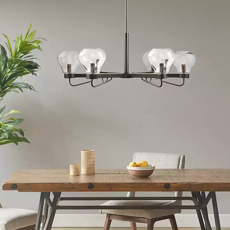 Chandeliers & Pendant Lighting-Kirklands Home Black Metal & Bowl Glass Shade 6-Light Chandelier