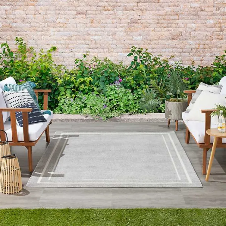 Outdoor Rugs-Kirklands Home Gray Bordered Indoor/Outdoor Area Rug, 6x9