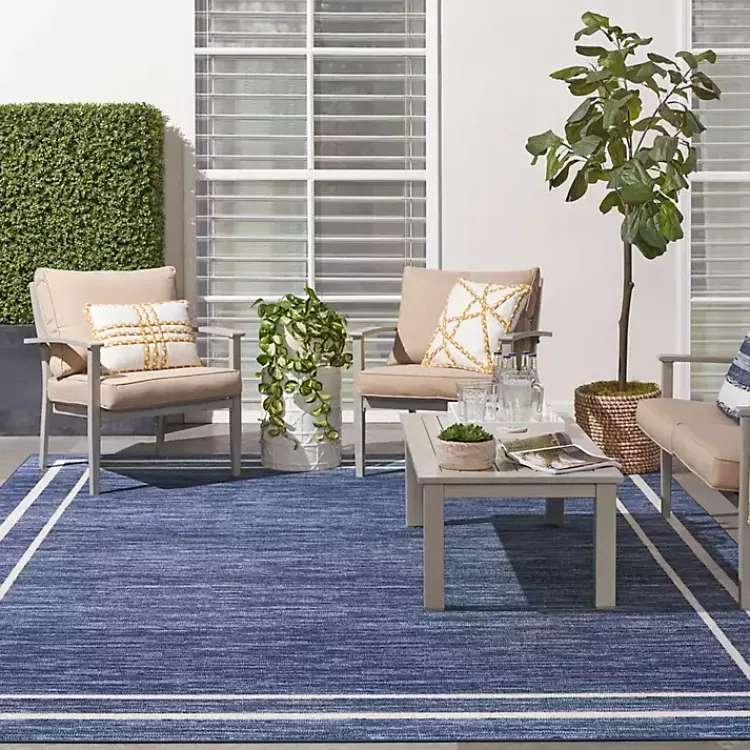 Outdoor Rugs-Kirklands Home Navy Bordered Indoor/Outdoor Area Rug, 8x10 Blue
