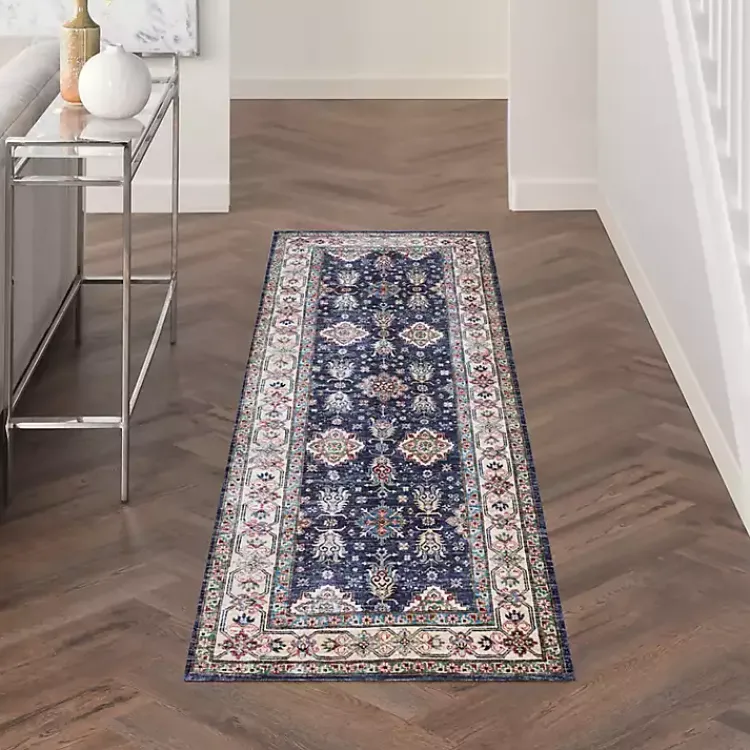 Area Rugs-Kirklands Home Fulton Navy Medallion Runner, 2x7 Blue