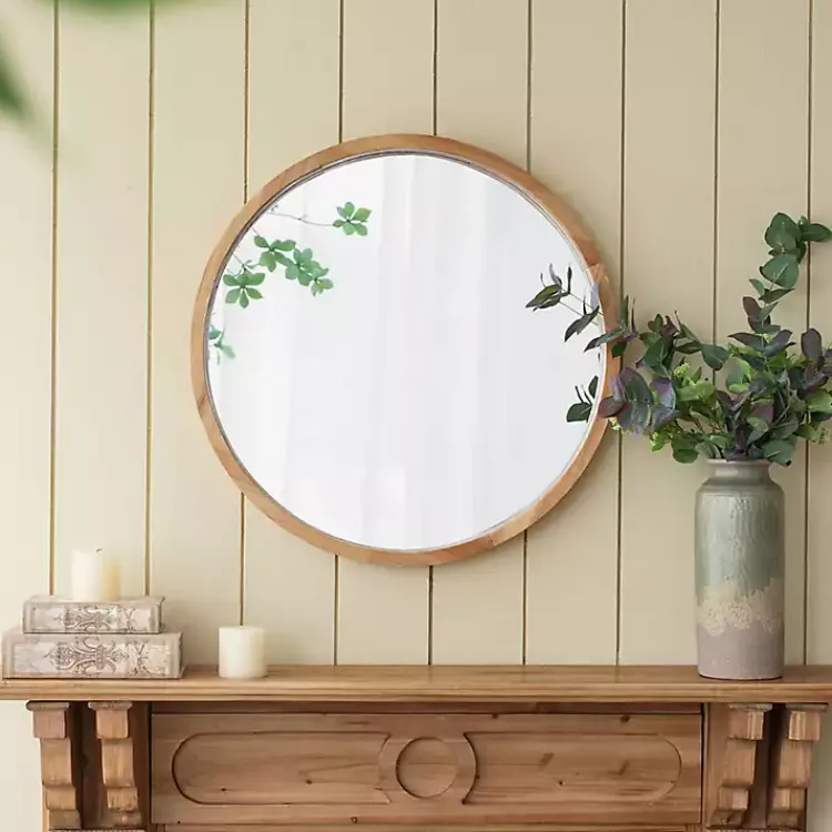 Decorative Mirrors-Kirklands Home Round Natural Light Wood Wall Mirror