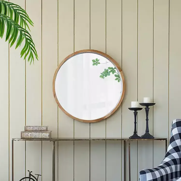 Decorative Mirrors-Kirklands Home Round Natural Light Wood Wall Mirror
