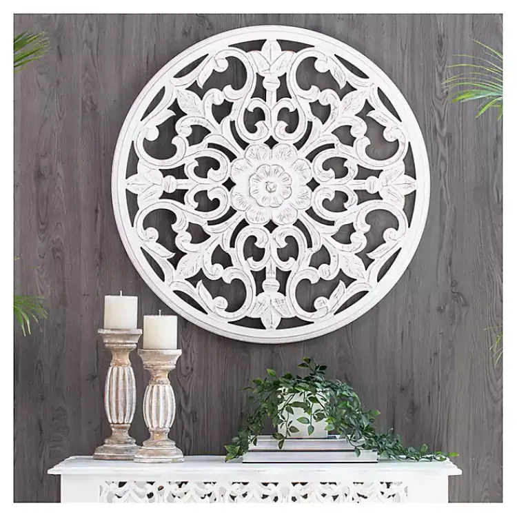 Wall Plaques-Kirklands Home Round Medallion Wood Plaque White