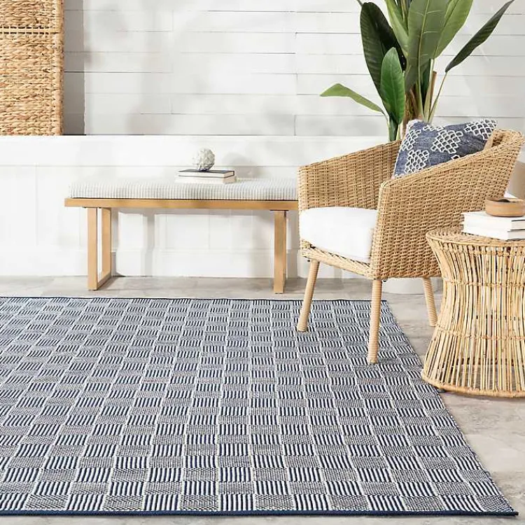 Outdoor Rugs-Kirklands Home Blue & Ivory Checkered Indoor/Outdoor Runner, 3x8