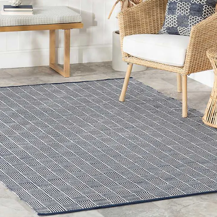 Outdoor Rugs-Kirklands Home Blue & Ivory Checkered Indoor/Outdoor Runner, 3x8