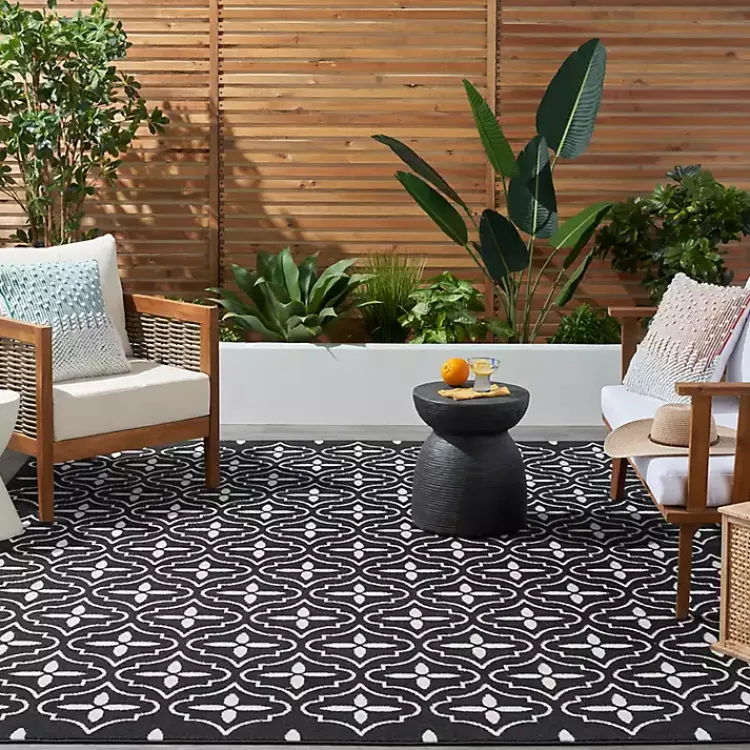 Outdoor Rugs-Kirklands Home Black & Ivory Quatrefoil Indoor/Outdoor Rug, 5x7