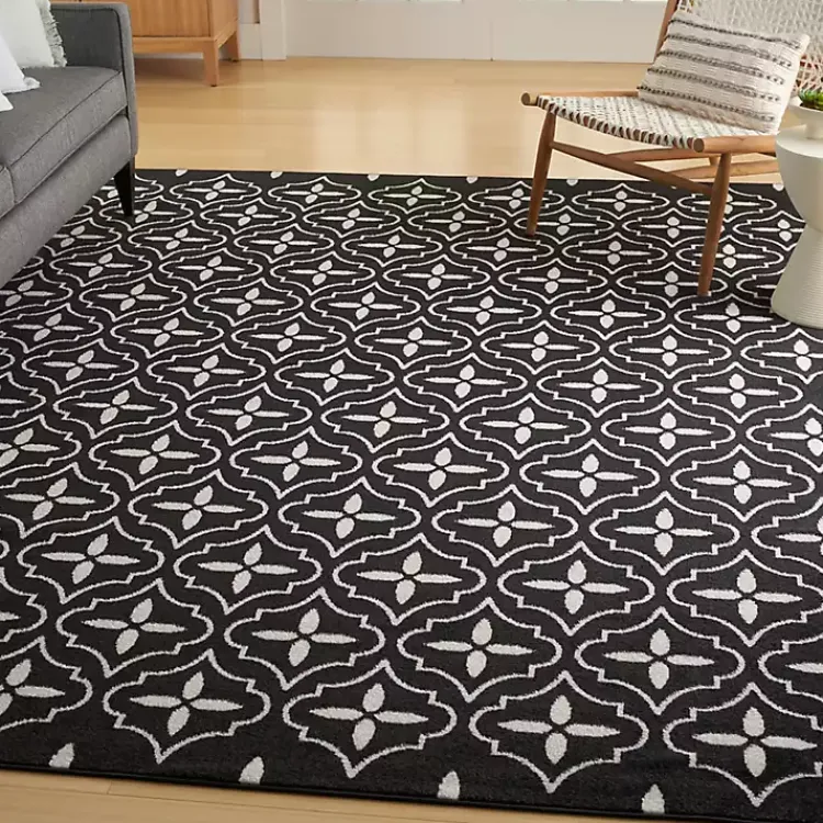 Outdoor Rugs-Kirklands Home Black & Ivory Quatrefoil Indoor/Outdoor Rug, 5x7