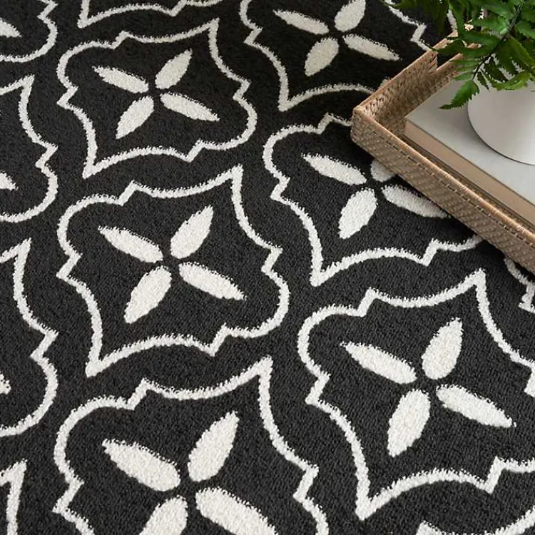 Outdoor Rugs-Kirklands Home Black & Ivory Quatrefoil Indoor/Outdoor Rug, 5x7