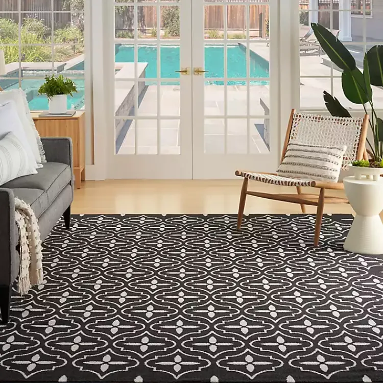 Outdoor Rugs-Kirklands Home Black & Ivory Quatrefoil Indoor/Outdoor Rug, 5x7