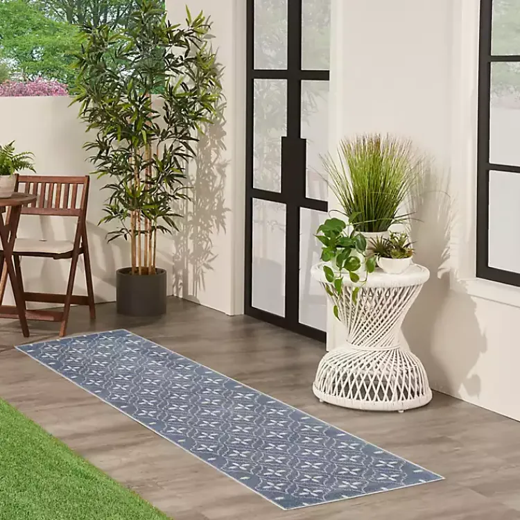 Outdoor Rugs-Kirklands Home Blue & Ivory Quatrefoil Indoor/Outdoor Runner
