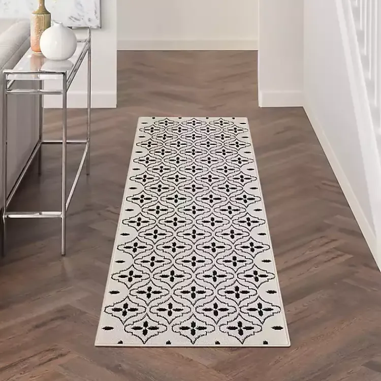 Outdoor Rugs-Kirklands Home Ivory & Black Quatrefoil Indoor/Outdoor Runner